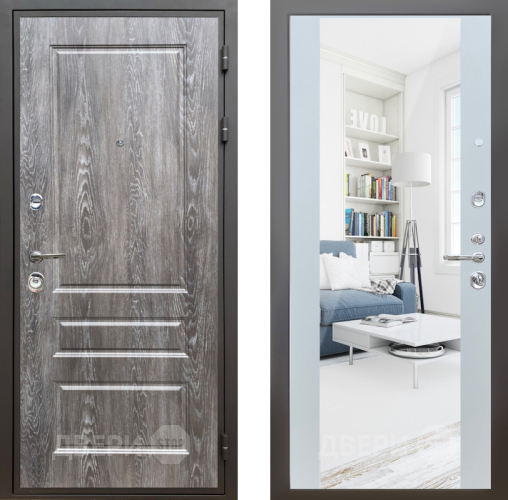 Входная металлическая Дверь Шелтер (SHELTER) Комфорт Дуб шале серебро 13 с зеркалом Белый матовый в Орехово-Зуево