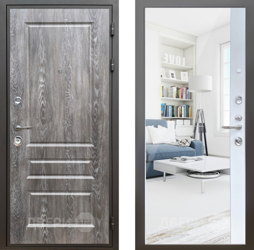 Входная металлическая Дверь Шелтер (SHELTER) Комфорт Дуб шале серебро 14 с зеркалом Белый матовый в Орехово-Зуево