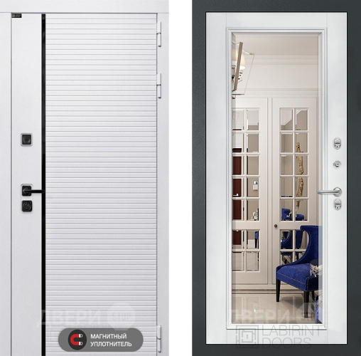 Входная металлическая Дверь Лабиринт (LABIRINT) Royal Зеркало Фацет с багетом Белый софт в Орехово-Зуево