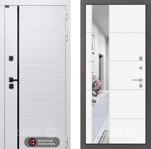 Входная металлическая Дверь Лабиринт (LABIRINT) Royal Зеркало 19 Белый софт в Орехово-Зуево